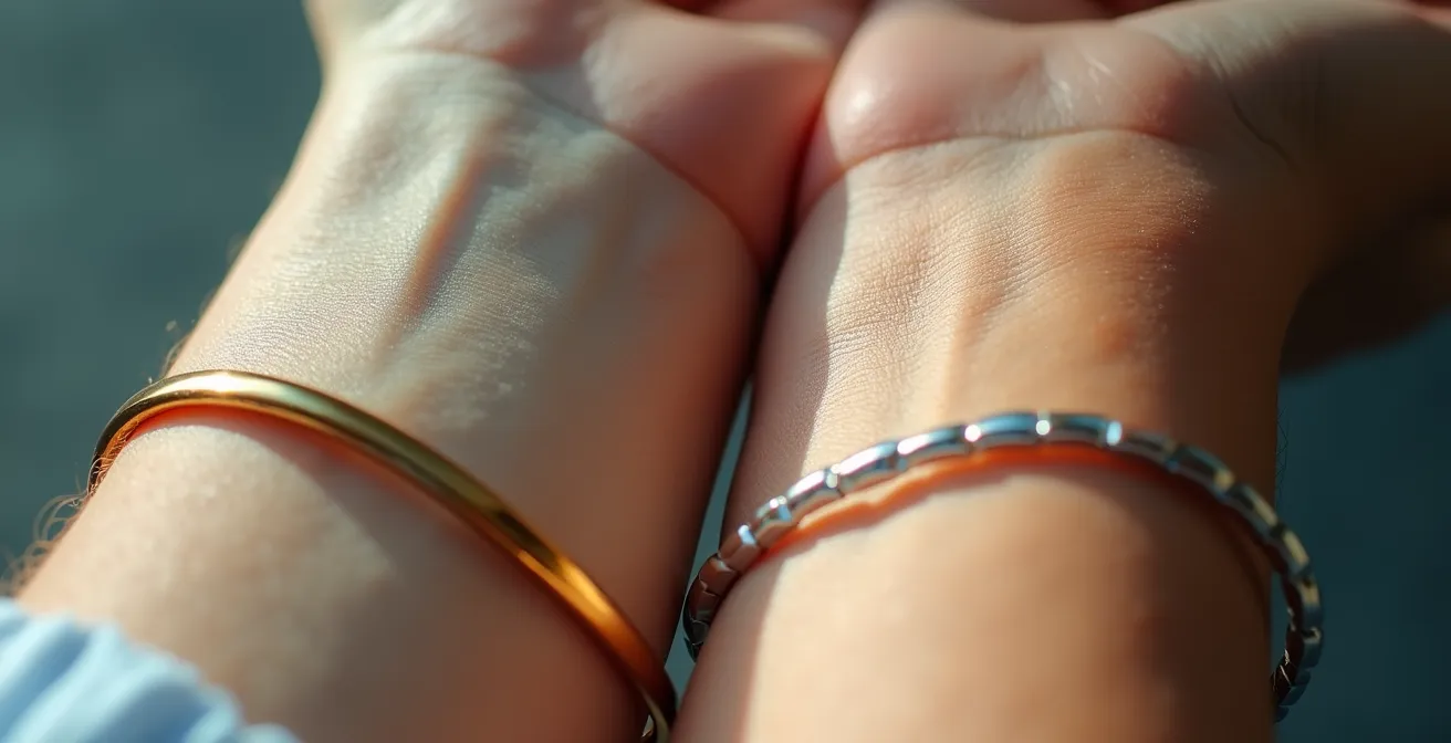 Gros plan sur deux poignets montrant les veines sous différentes lumières pour déterminer le sous-ton de peau