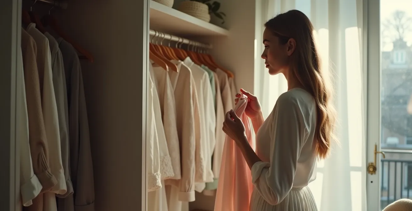 Femme triant ses vêtements dans une penderie lumineuse, expression contemplative