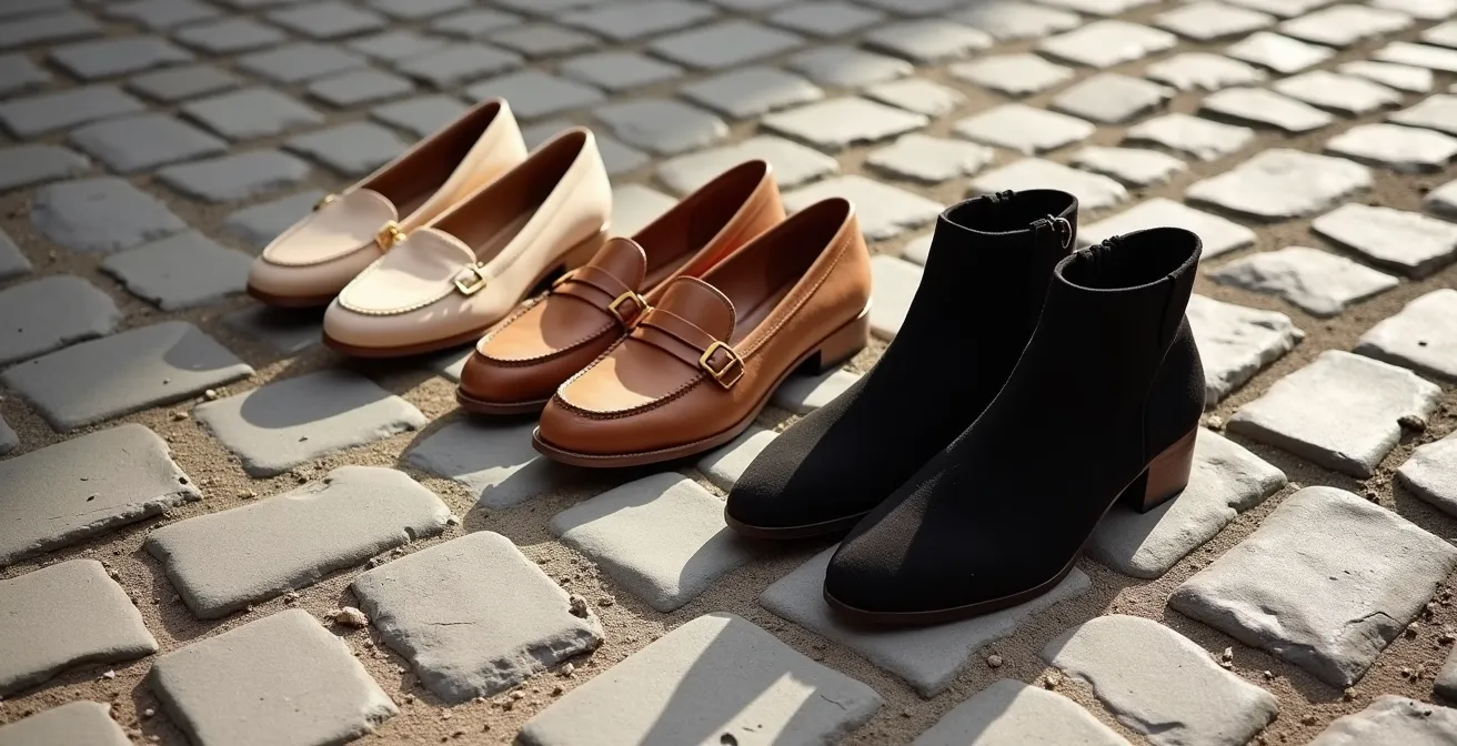 Composition minimaliste de trois paires de chaussures françaises iconiques sur pavés parisiens