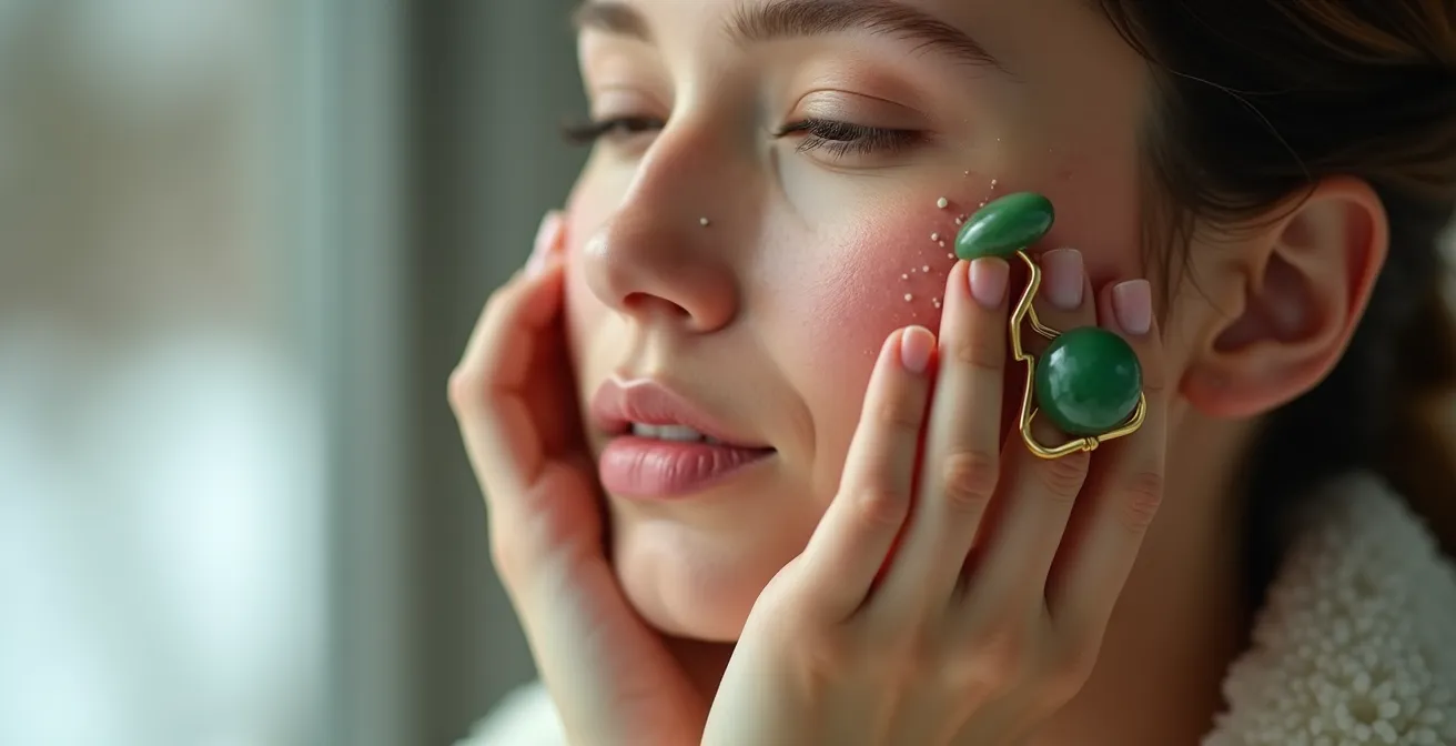 Gros plan sur joue rosée par le froid avec application de sérum apaisant