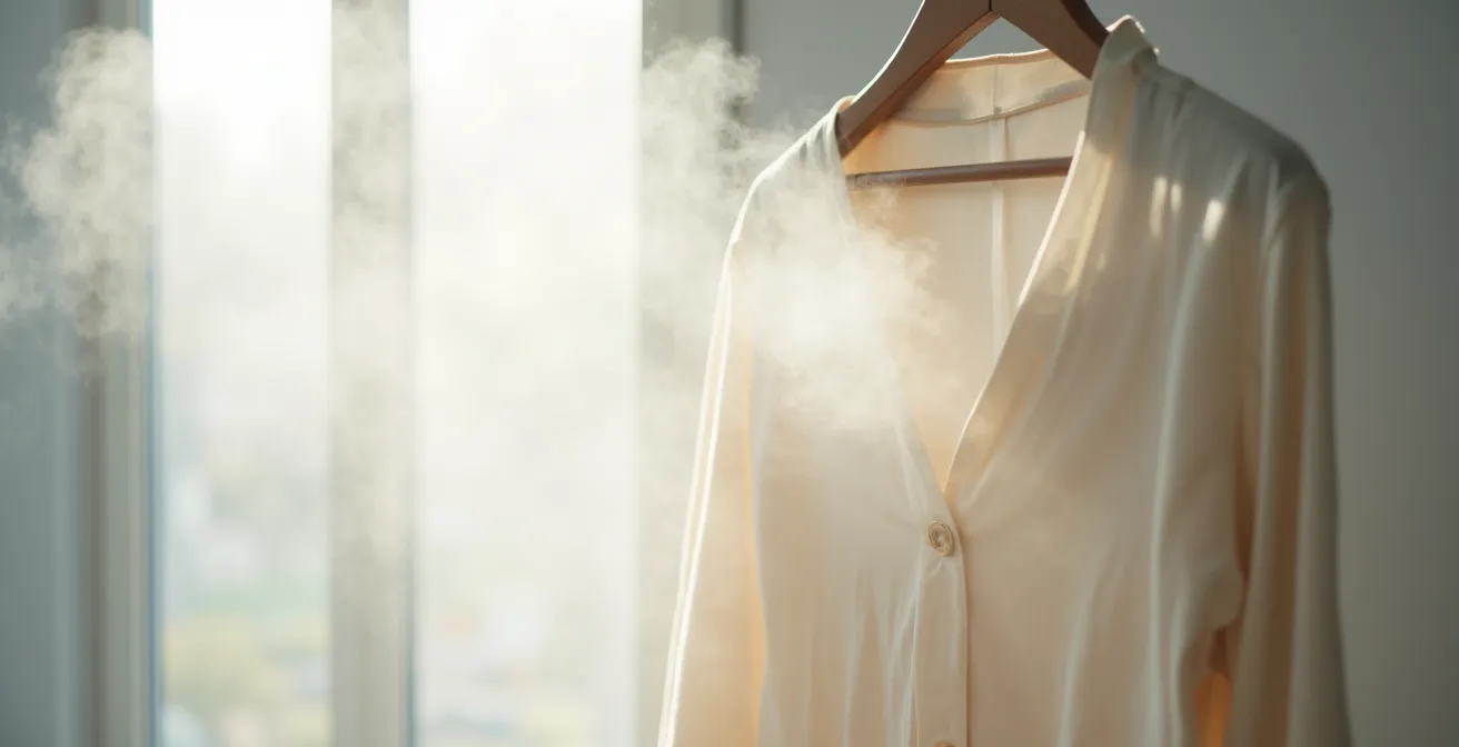 Jet de vapeur transformant le tombé d'un tissu dans une lumière douce