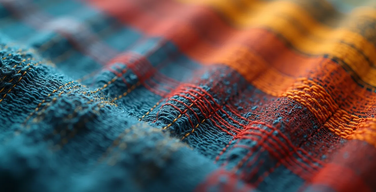 Gros plan macro sur des détails de couture et matières textiles examinés à la loupe, suggérant l'inspection de qualité