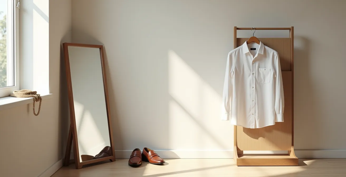 Composition minimaliste montrant une chemise d'homme blanche et des mocassins en cuir patiné sur un fond neutre avec espace négatif