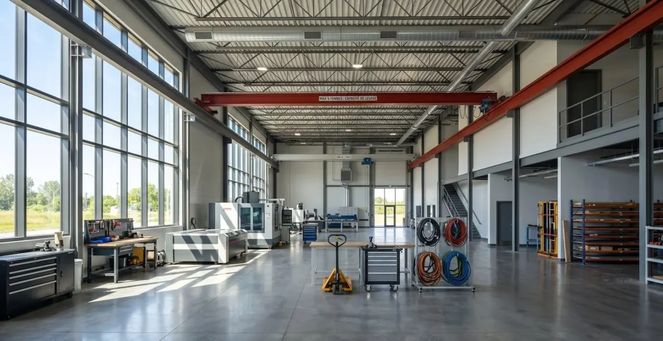 Atelier industriel moderne vide avec grandes baies vitrées laissant entrer une lumière naturelle abondante, équipements de maintenance au repos, ambiance propre et contemporaine
