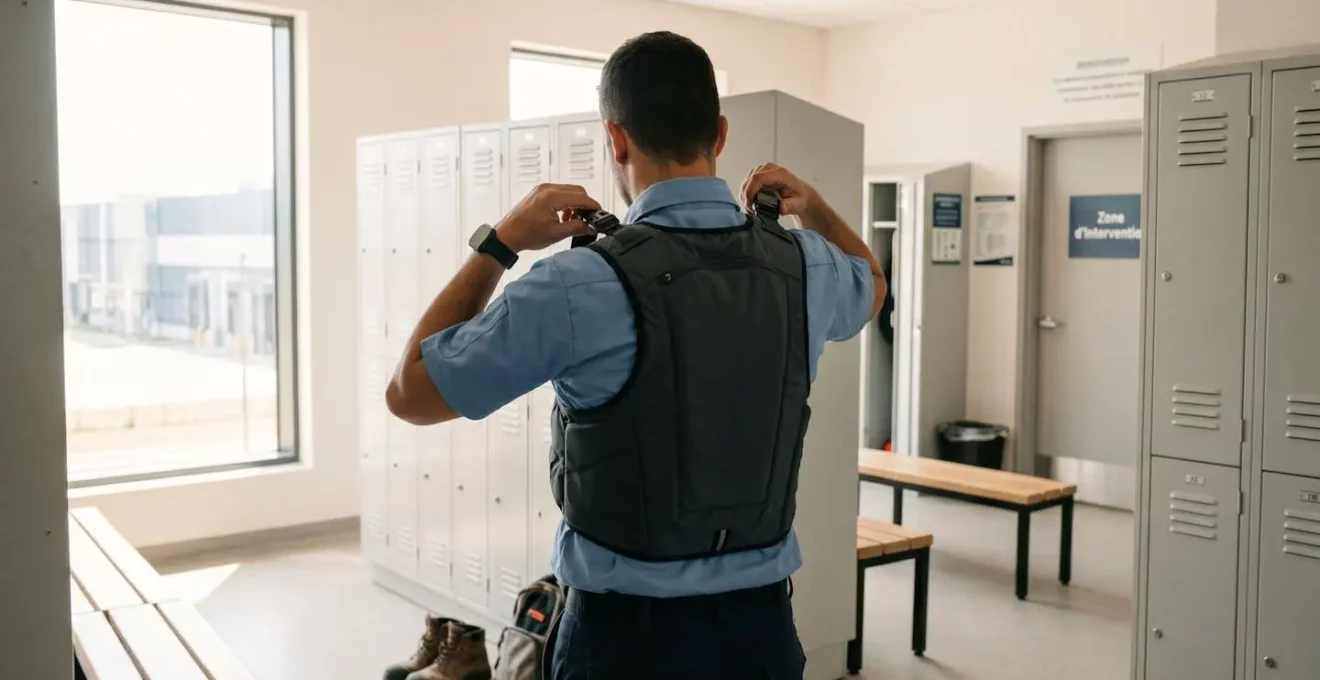 Professionnel vu de dos ajustant son gilet technique dans un vestiaire moderne, geste naturel de préparation avant intervention, lumière naturelle latérale