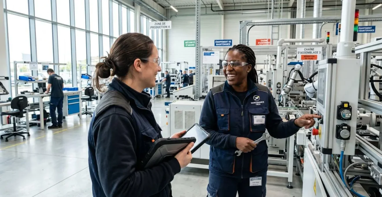 Deux techniciens de maintenance échangent un regard complice dans une salle des machines moderne, l'un portant un gilet technique sobre, arrière-plan d'équipements industriels légèrement floutés