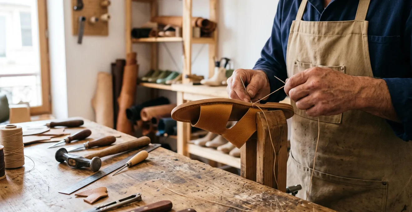 Gros plan sur les mains d'un artisan maroquinier français cousant une sandale en cuir camel sur un établi de travail en bois, avec outils de cordonnerie traditionnels visibles, dans un atelier contemporain éclairé par lumière naturelle