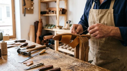Gros plan sur les mains d'un artisan maroquinier français cousant une sandale en cuir camel sur un établi de travail en bois, avec outils de cordonnerie traditionnels visibles, dans un atelier contemporain éclairé par lumière naturelle
