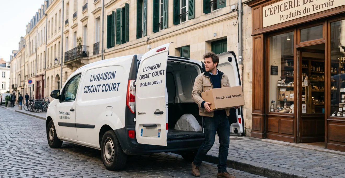 Camionnette de livraison locale blanche avec inscription 'Livraison Circuit Court' stationnée dans une rue pavée française avec façades haussmanniennes, livreur transportant un carton 'Made in France' vers une boutique artisanale, lumière naturelle de jour