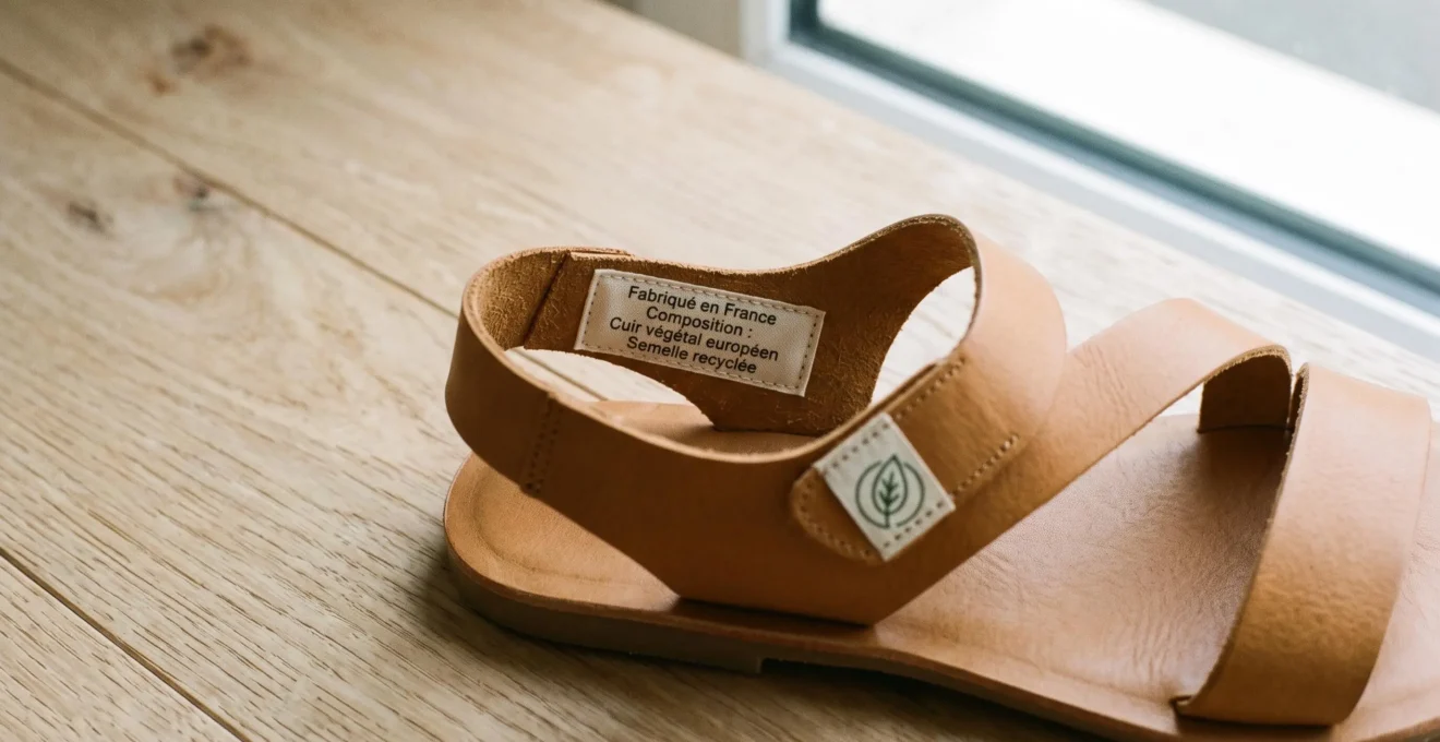 Sandale minimaliste en cuir camel photographiée en vue de dessus sur bois clair, avec étiquette intérieure cousue affichant 'Fabriqué en France - Composition : Cuir végétal européen' et label de certification écologique rond vert visible sur la bride